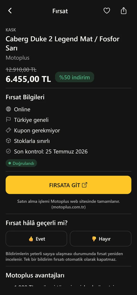 Kurio fırsat detay ekranı: ürün, fiyat, satıcı ve kaynak bağlantısı