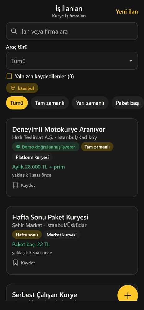 Kurio iş ilanları ekranı: şehir ve çalışma şekline göre filtrelenmiş kurye ilanları