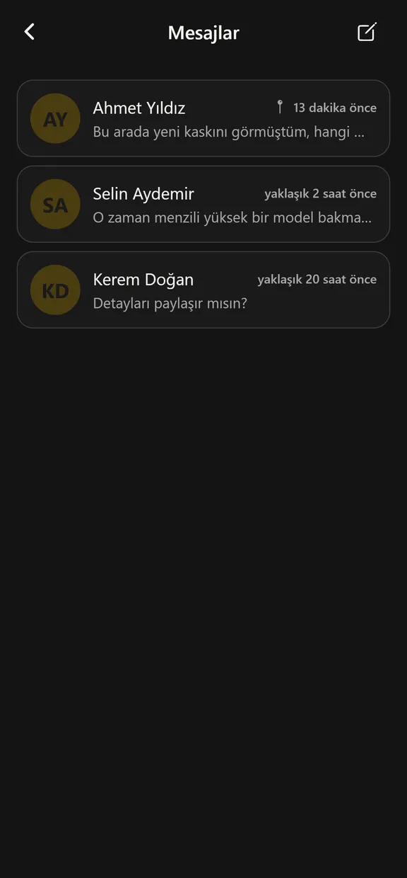Kurio mesajlar ekranı: kuryeler arası birebir sohbet listesi