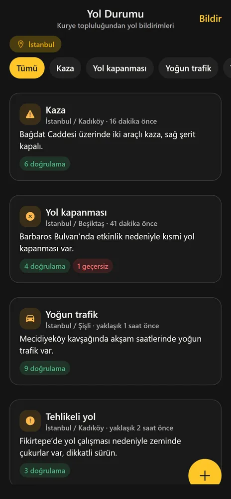 Kurio yol durumu ekranı: kuryelerin bildirdiği yol kapanması ve yoğun trafik kartları